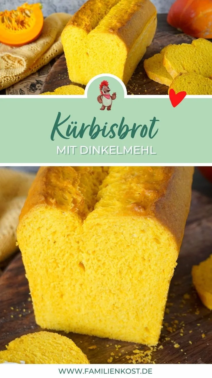 Kürbisbrot aus Dinkelmehl, frisch gebacken und dekorativ auf einem Tisch präsentiert.