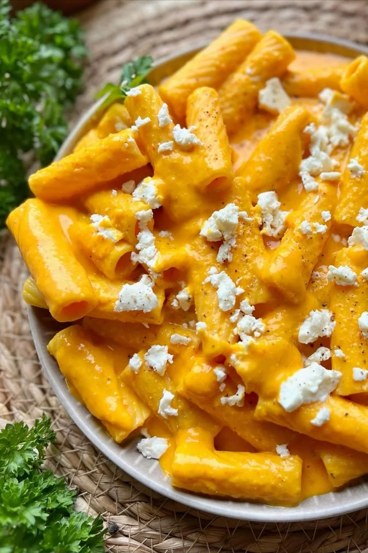 Kürbissoße mit Nudeln und Feta auf einem Teller serviert
