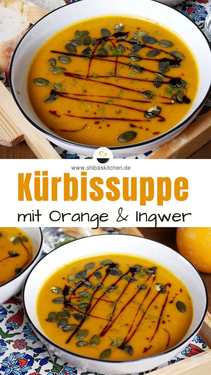 Kürbissuppe mit Kokosmilch, Orange und Ingwer in einer Schale serviert