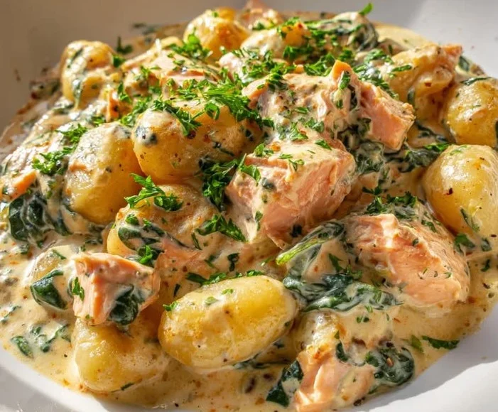 Leckere Lachs-Gnocchi auf einem Teller, schnell und einfach zubereitet
