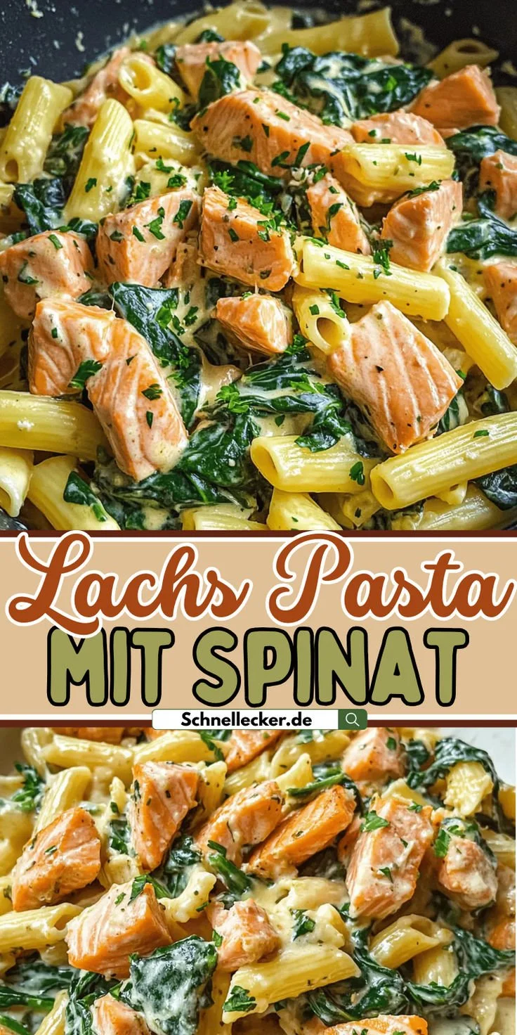 Lachs Pasta mit Spinat, cremig und gesund, auf einem Teller serviert.