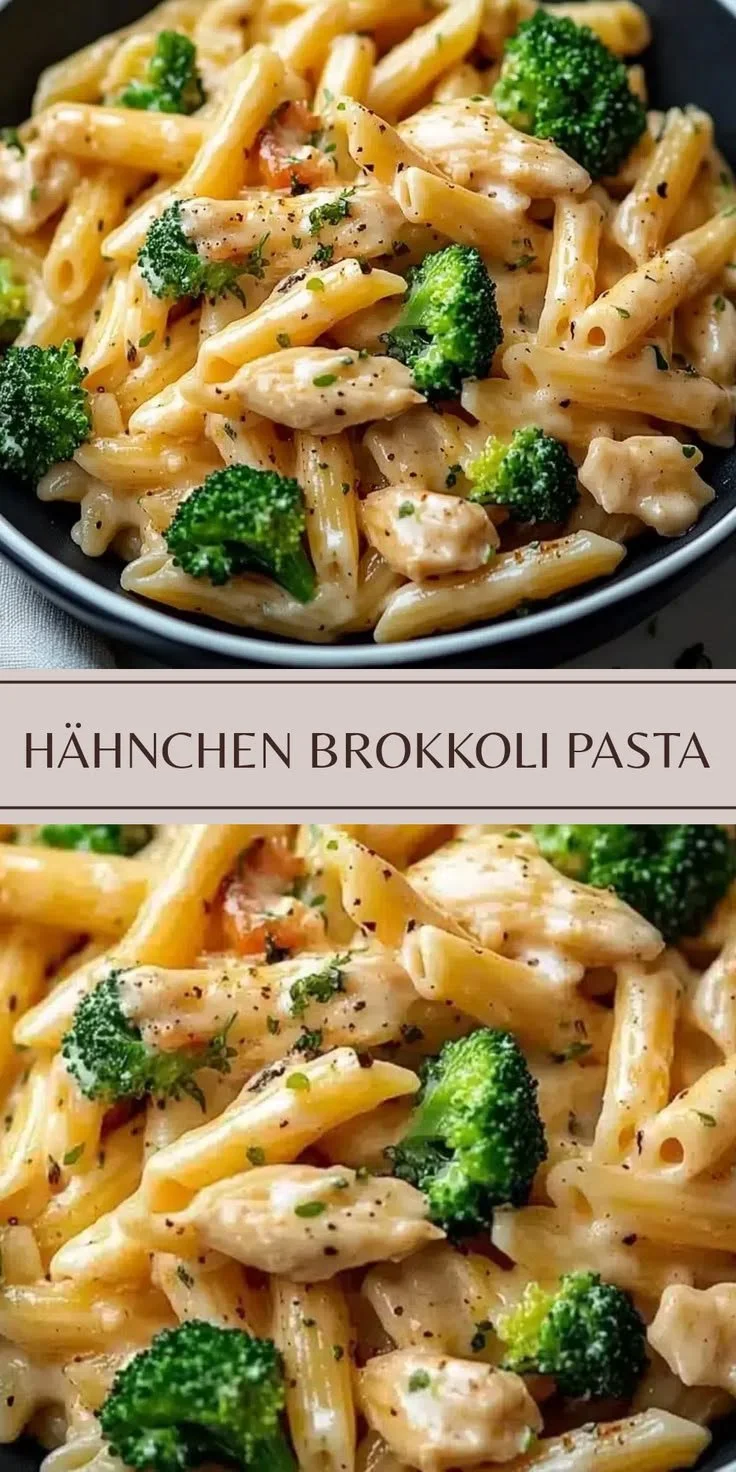 Leckere Hähnchen Brokkoli Pasta für vier Personen auf einem Teller