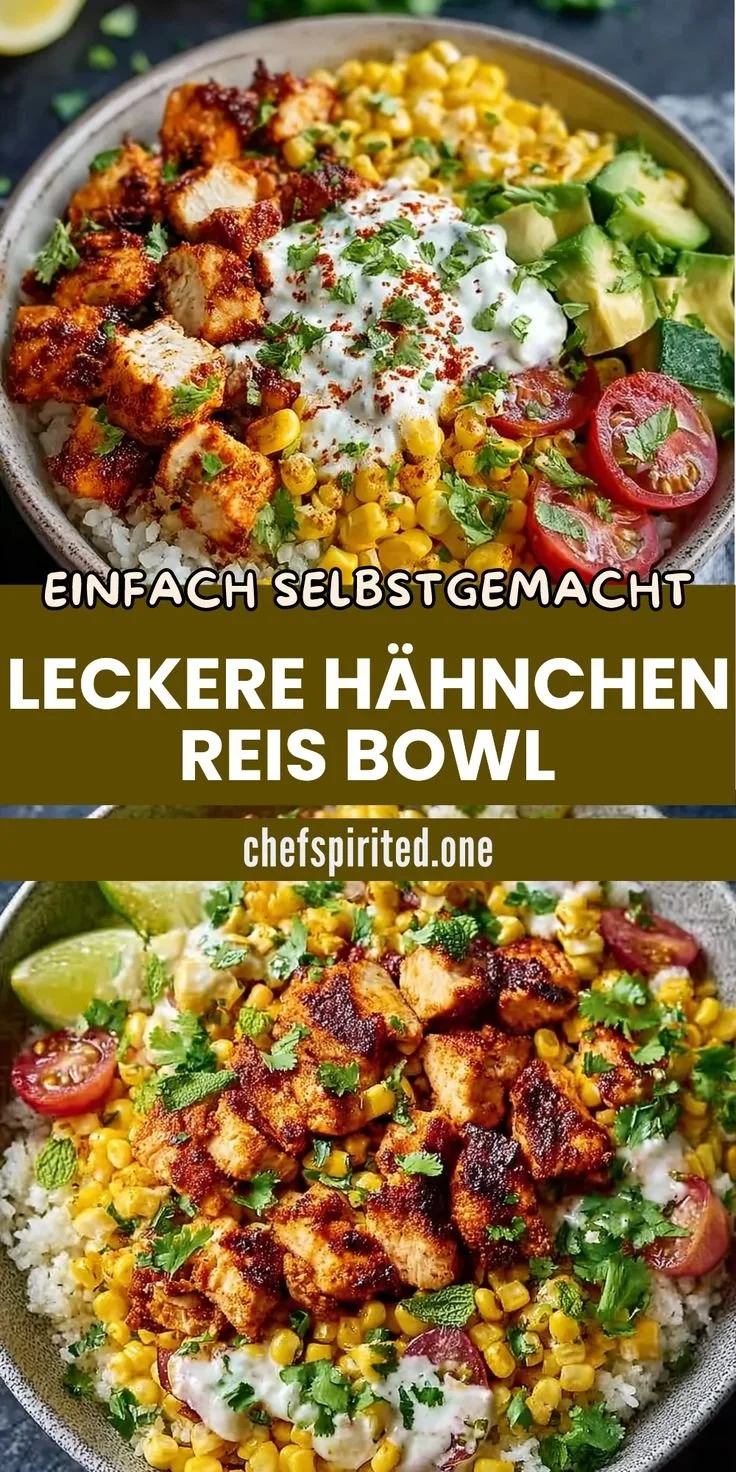 Leckere Hähnchen Reis Bowl mit frischem Gemüse und würziger Marinade.