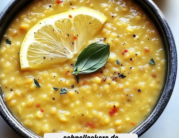 Libanesische Zitronenlinsensuppe in einer Schüssel garniert mit frischen Kräutern.