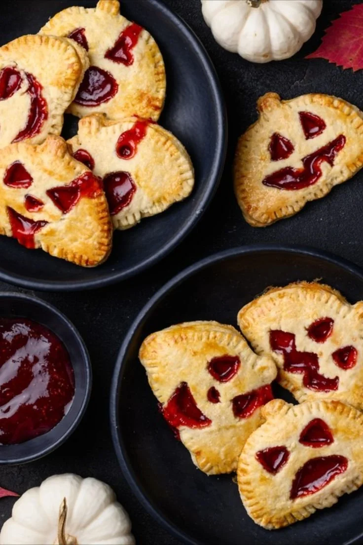 Halloween Snack Blätterteig Kürbis mit Marmelade auf einem Tisch