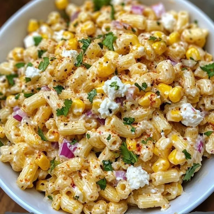 Gerichte mit mexikanischem Mais, Pasta und Salat auf einem bunten Teller