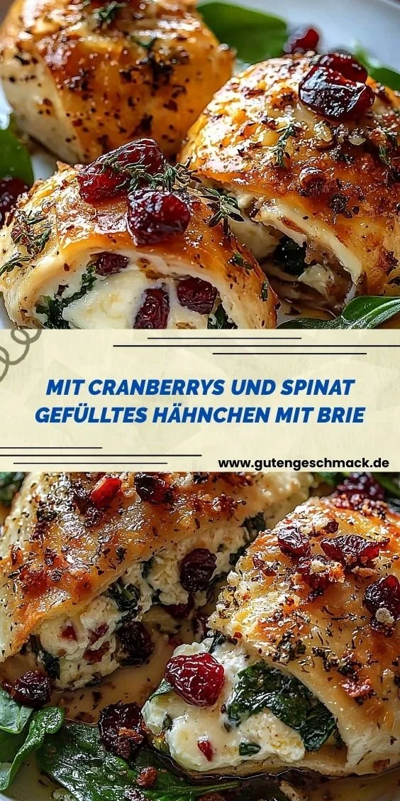 Gefülltes Hähnchen mit Cranberrys, Spinat und Brie auf einem Teller