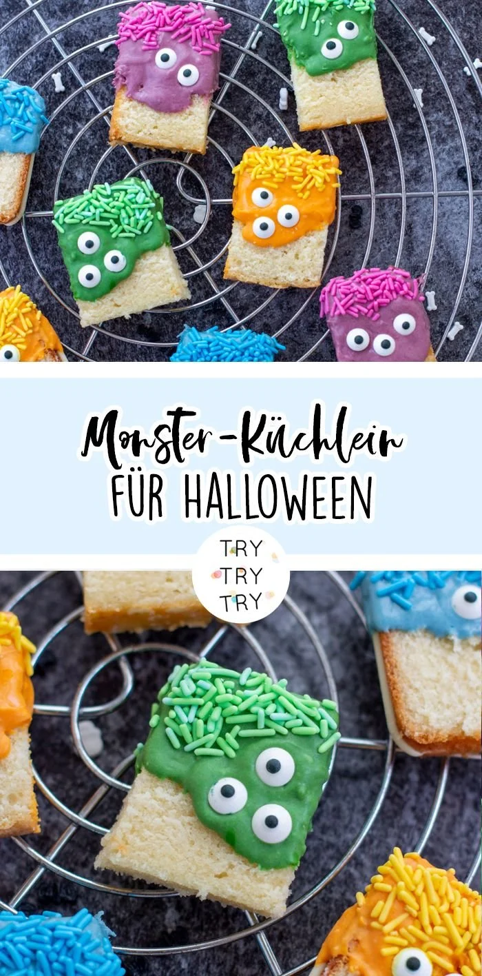 Monster-Küchlein für Halloween mit gruseligen Dekorationen und bunten Toppings