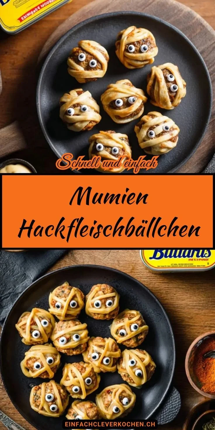 Mumien Hackfleischbällchen auf einem Halloween-Teller serviert