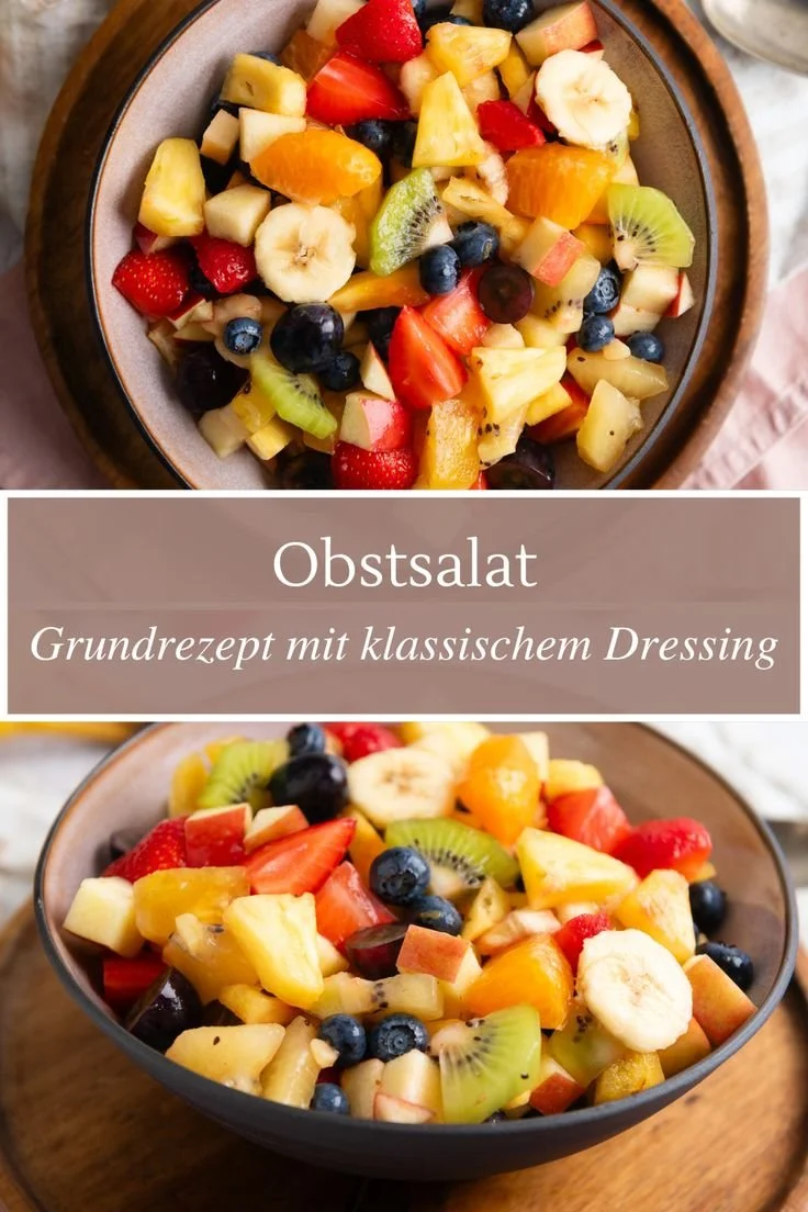 Schüssel mit Obstsalat und klassischem Dressing