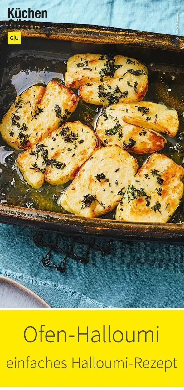 Köstlicher Ofen-Halloumi frisch aus dem Ofen, goldbraun und schmelzend.