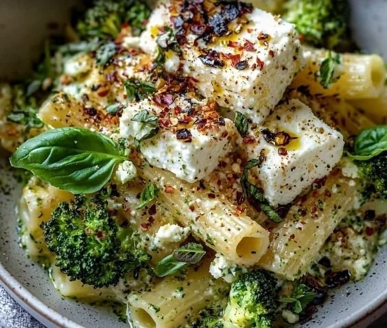 Ofenpasta mit Brokkoli und Feta aus dem Ofen auf einem Teller serviert