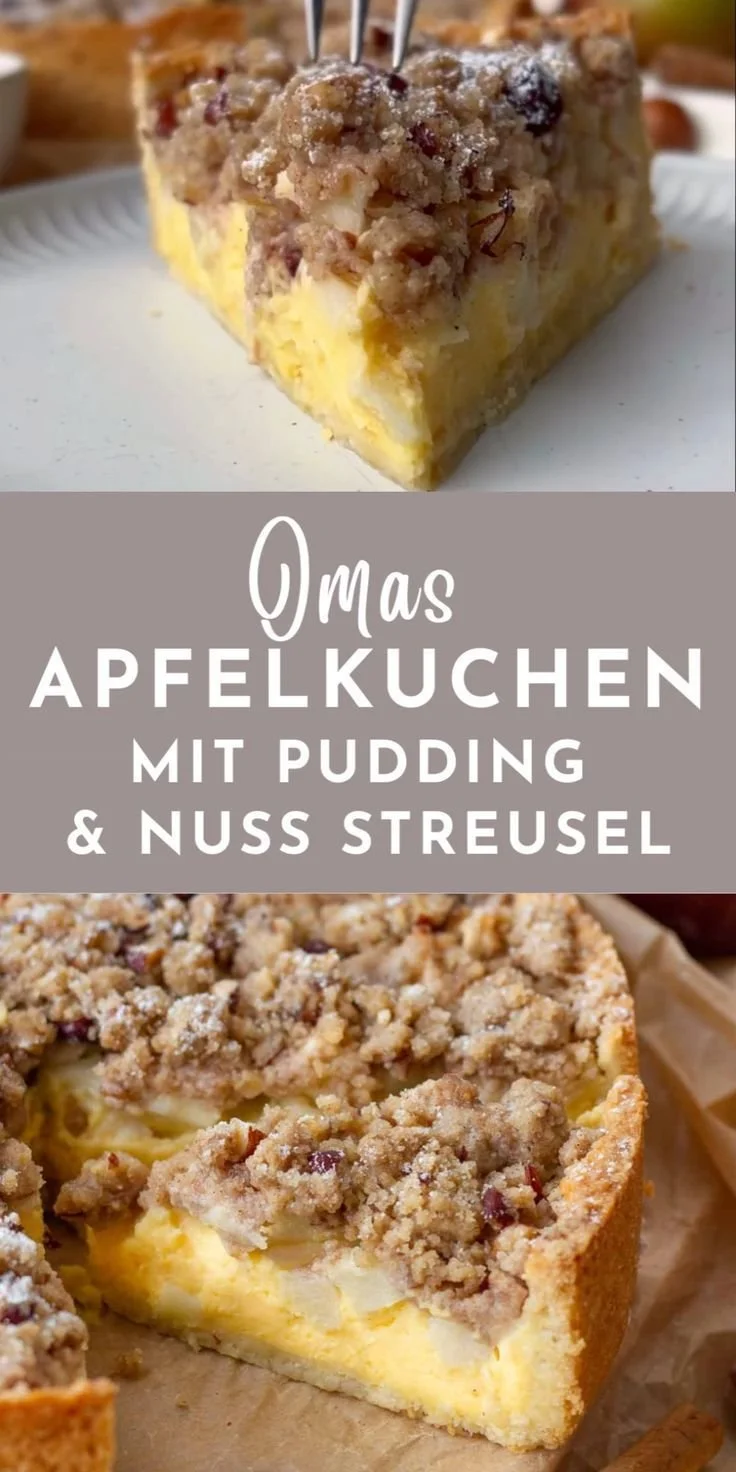 Omas Apfelkuchen mit Pudding und Streusel auf einem Teller serviert