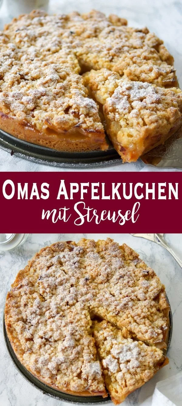 Omas Apfelkuchen mit Streuseln auf einem Teller, ideal für Kaffeepause