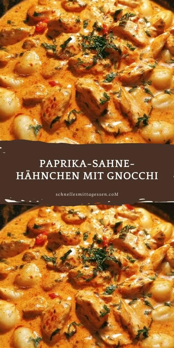 Paprika-Sahne-Hähnchen mit Gnocchi auf einem Teller serviert