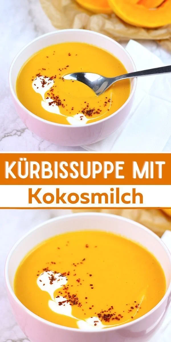 Kürbissuppe mit Kokosmilch in einer Schale serviert.
