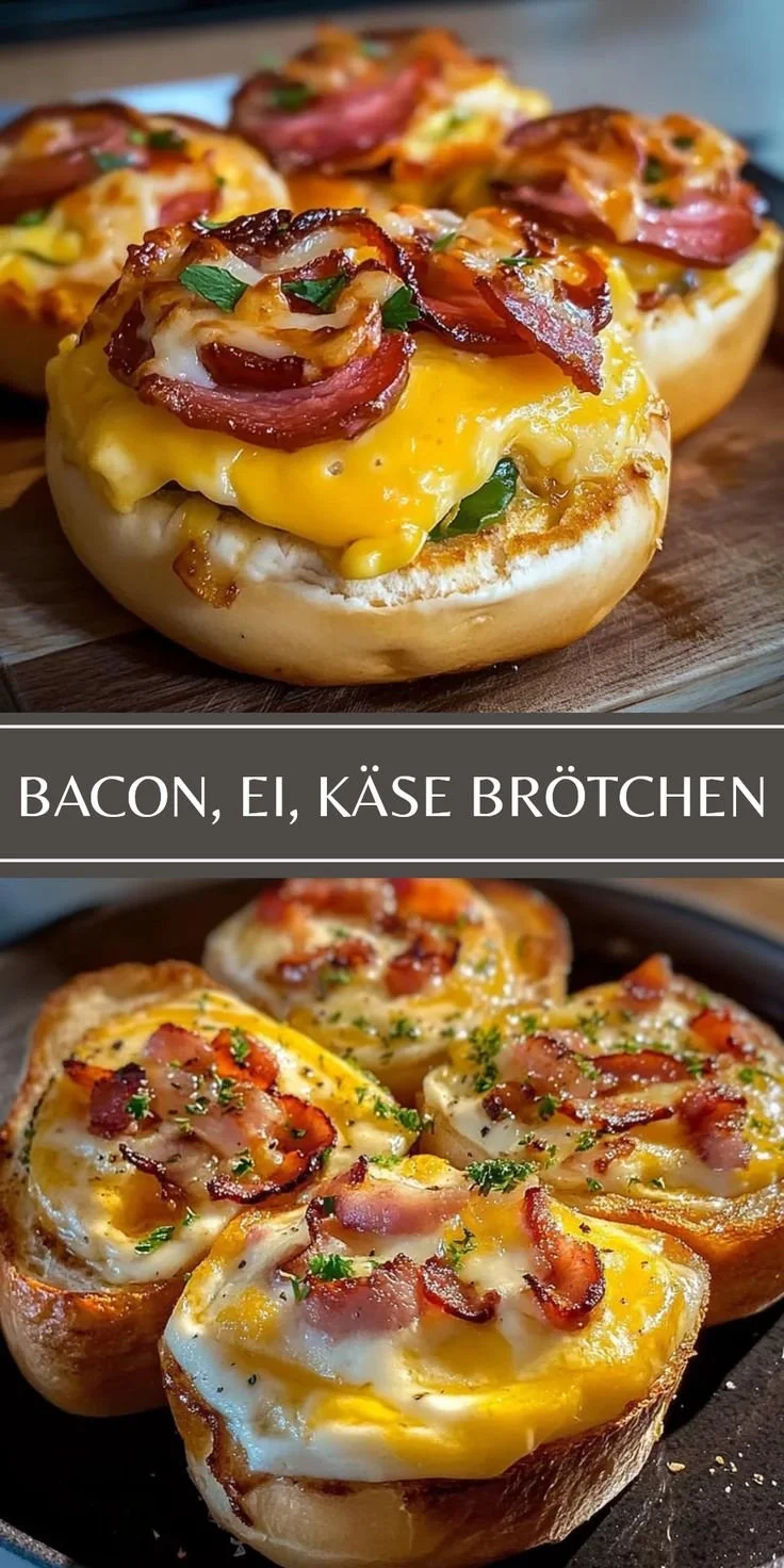 Rinderbacon Brötchen mit Käse und Rührei auf einem Teller