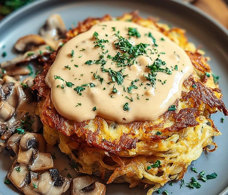 Rösti mit Mozzarella und Pilzsauce auf einem Teller serviert