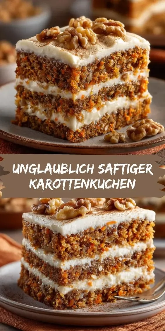 Saftiger Karottenkuchen mit Walnüssen und Frischkäsecreme auf einem Teller