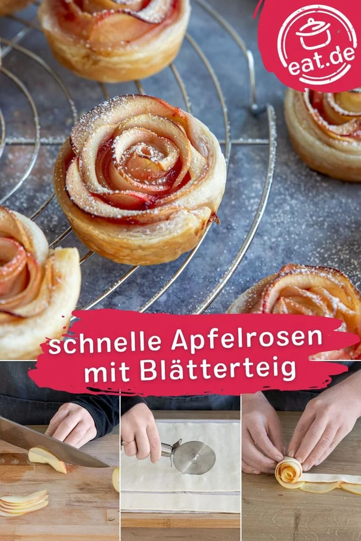 Schnelle Apfelrosen aus Blätterteig frisch gebacken
