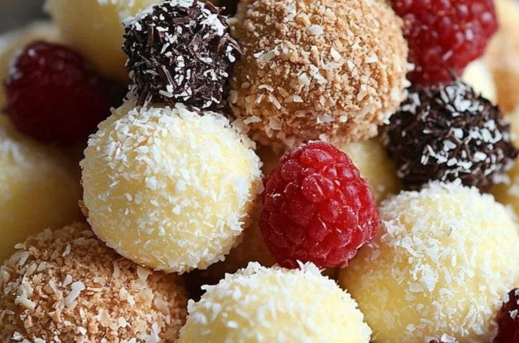 Schnelle Käsekuchen-Kugeln auf einem weißen Teller serviert