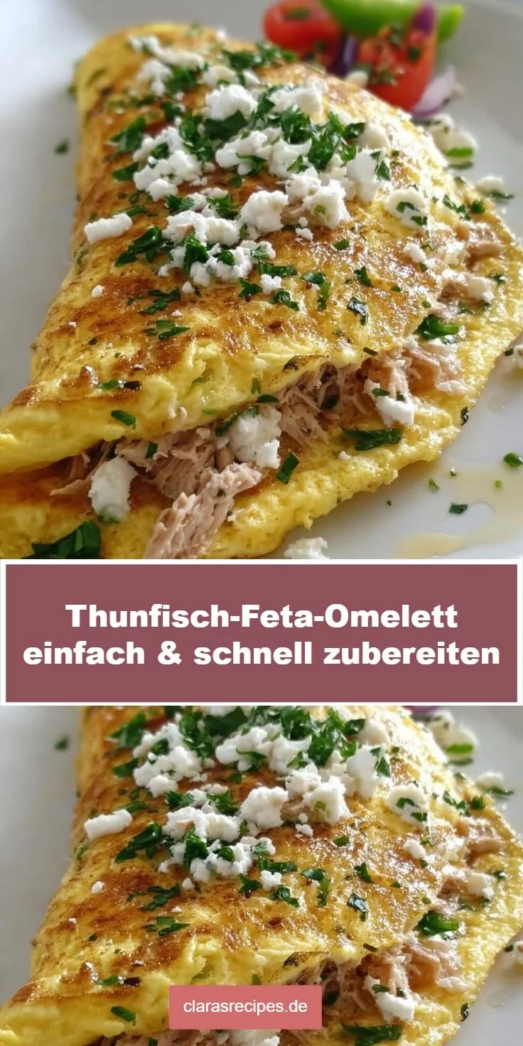 Schnelles Thunfisch-Feta-Omelett auf einem Teller mit frischen Kräutern