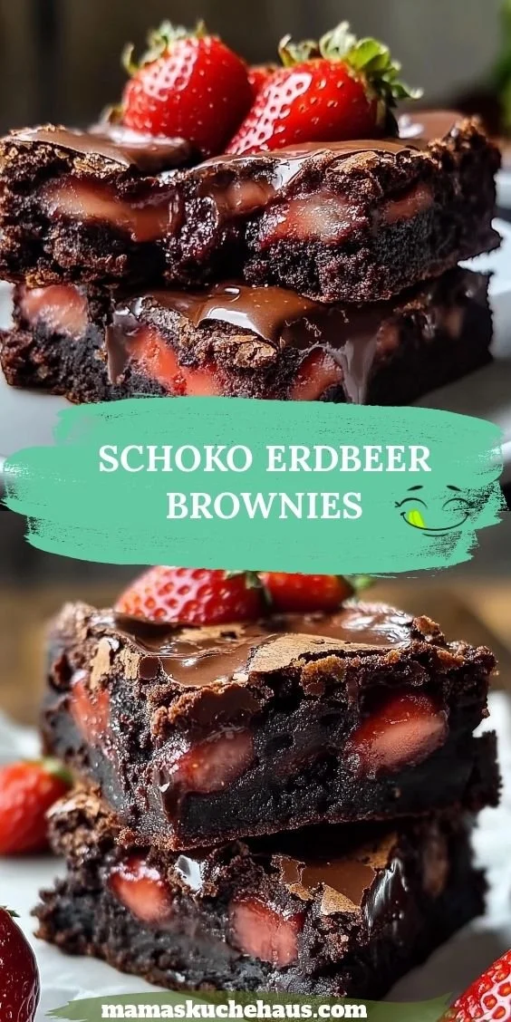 Schoko Erdbeer Brownies mit Schokoladenglasur und Erdbeeren
