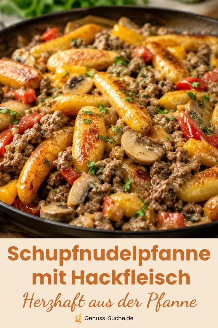 Schupfnudelpfanne mit Hackfleisch serviert auf einem Teller
