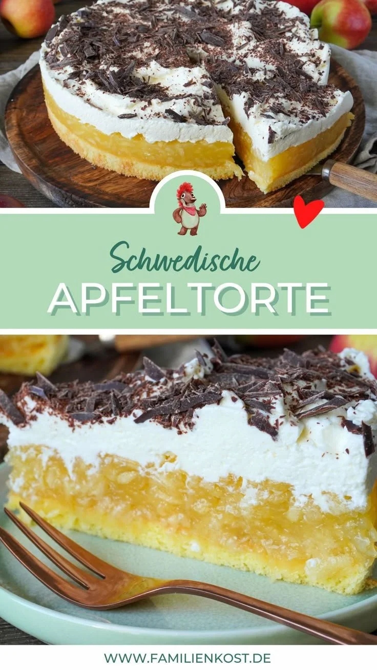Schwedische Apfeltorte mit Vanillepudding auf einem Teller serviert