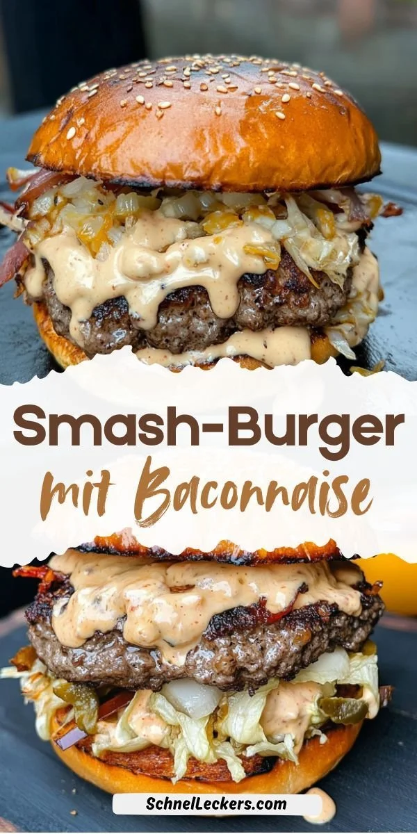 Smash-Burger mit Baconnaise auf einem Grill-Spiess