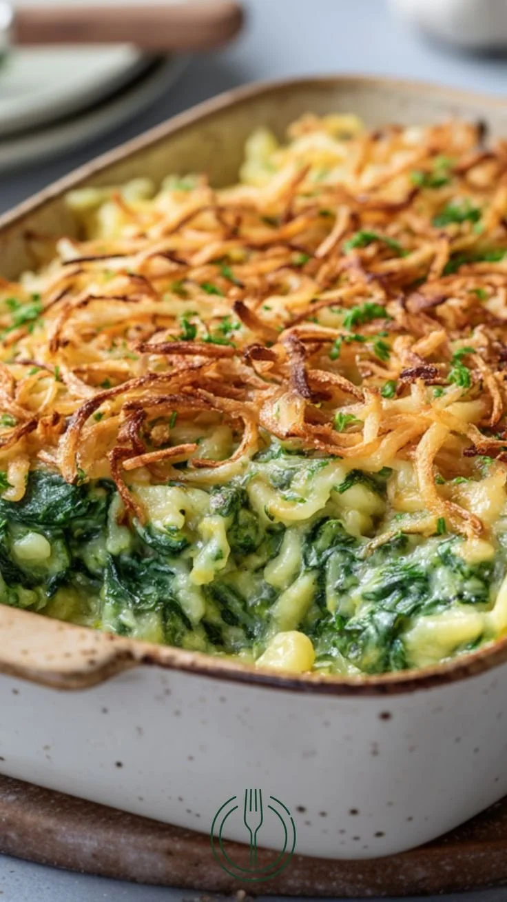 Spinat-Spätzleauflauf mit Röstzwiebeln frisch aus dem Ofen serviert