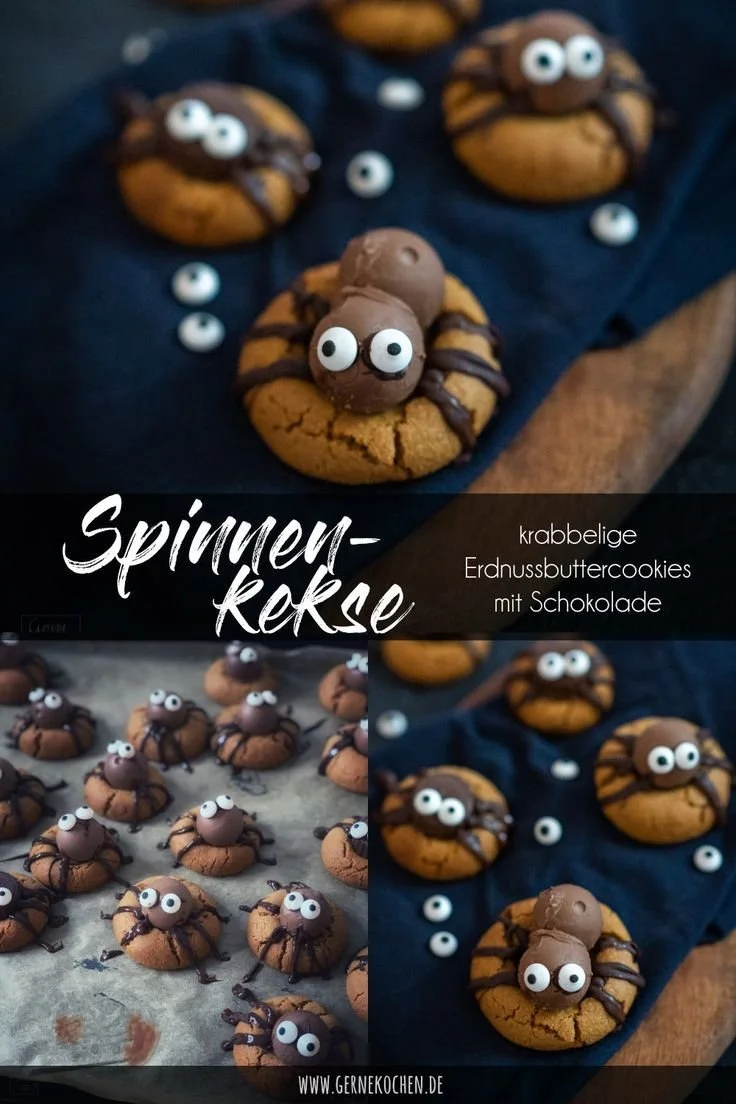 Leckere Spinnenkekse für Halloween, dekoriert mit süßen Zutaten.