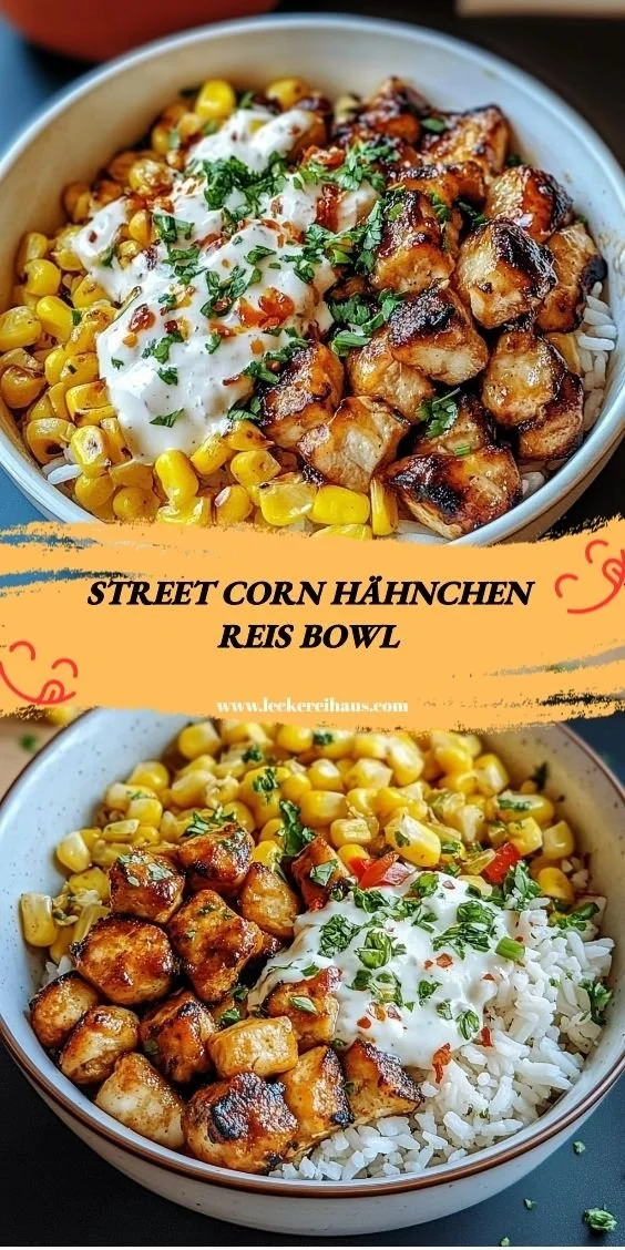 Street Corn Hähnchen Reis Bowl mit frischen Zutaten und Gewürzen