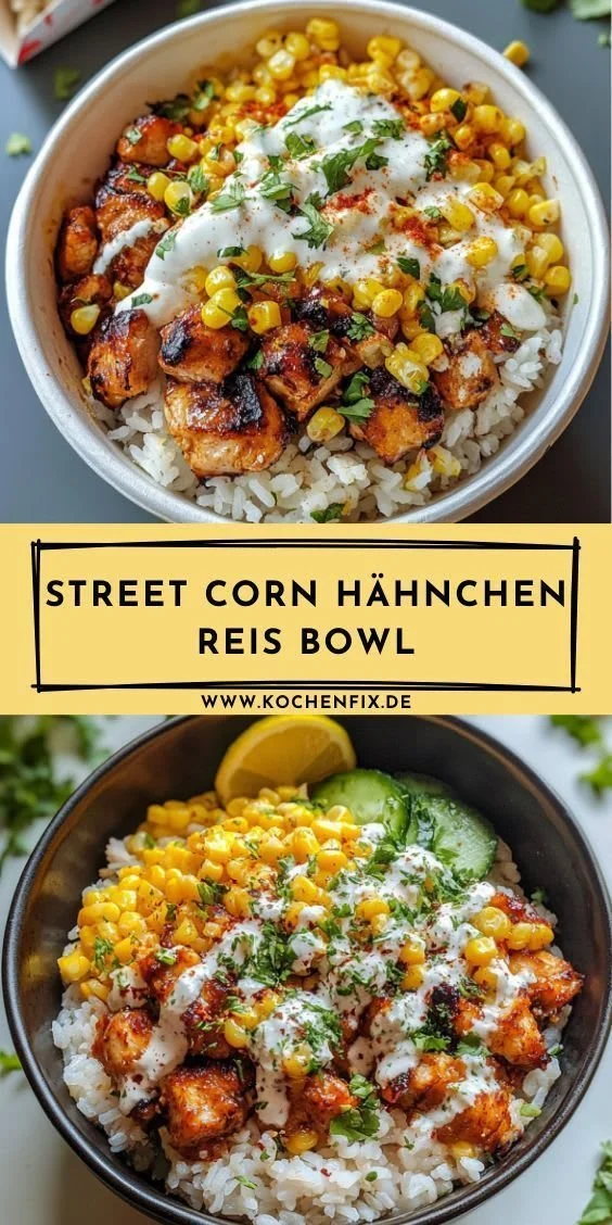 Street Corn Hähnchen Reis Bowl mit frischem Gemüse und würziger Sauce