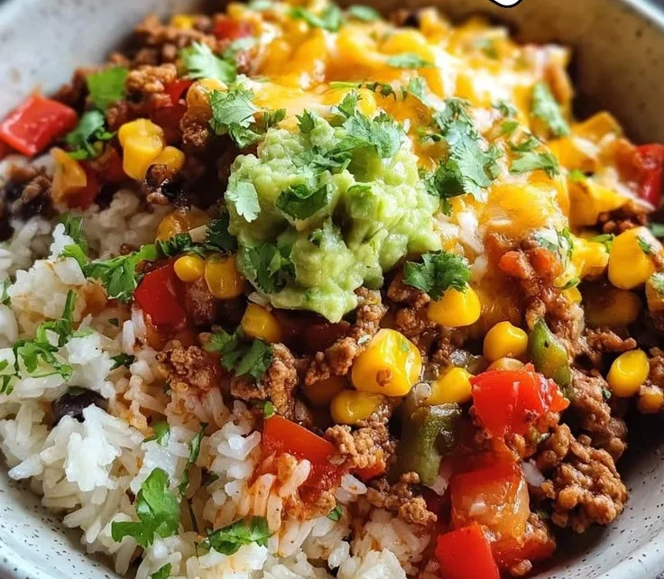 Leckere Taco-Reis-Bowl mit frischen Zutaten und Gewürzen.