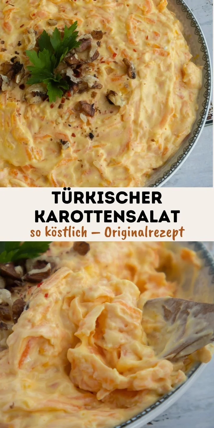 Türkischer Karottensalat Havuc Tarator mit Joghurt, serviert in einer Schüssel.