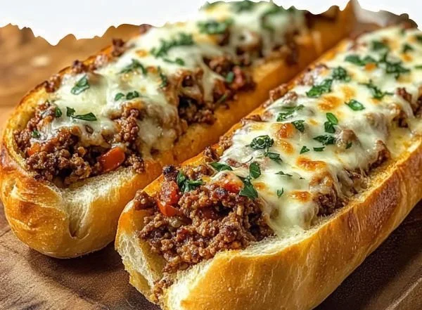 Leckere überbackene Hackfleisch-Baguettes frisch aus dem Ofen