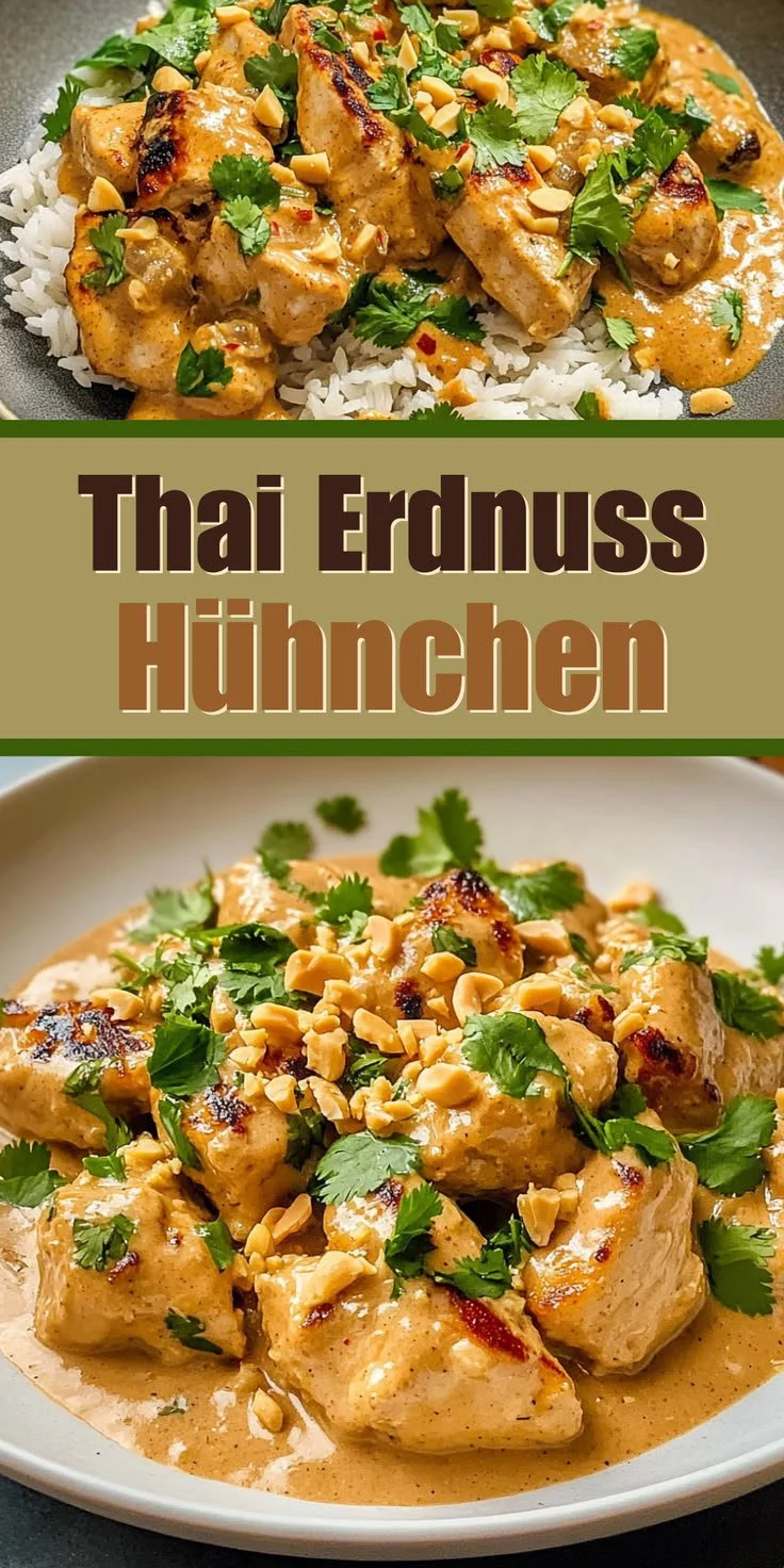 Ein leckeres Gericht mit Thai-Erdnuss-Hühnchen und frischem Gemüse auf einem Teller.