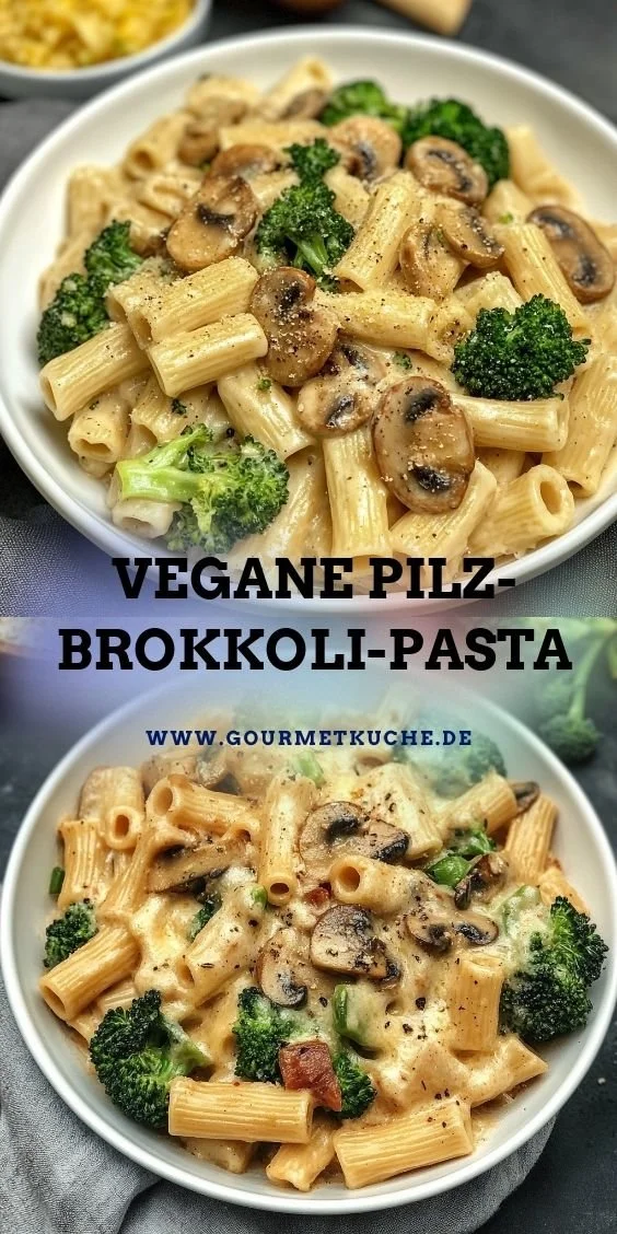 Vegane Pilz-Brokkoli-Pasta auf einem Teller, serviert mit frischen Kräutern.
