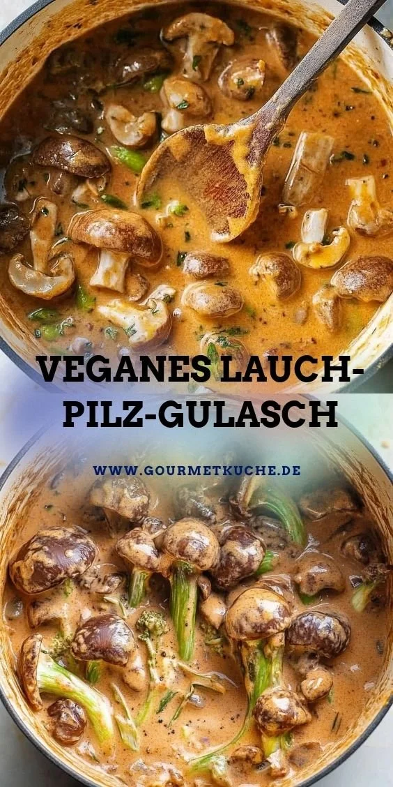 Veganes Lauch-Pilz-Gulasch zubereitet mit frischem Lauch und Pilzen.