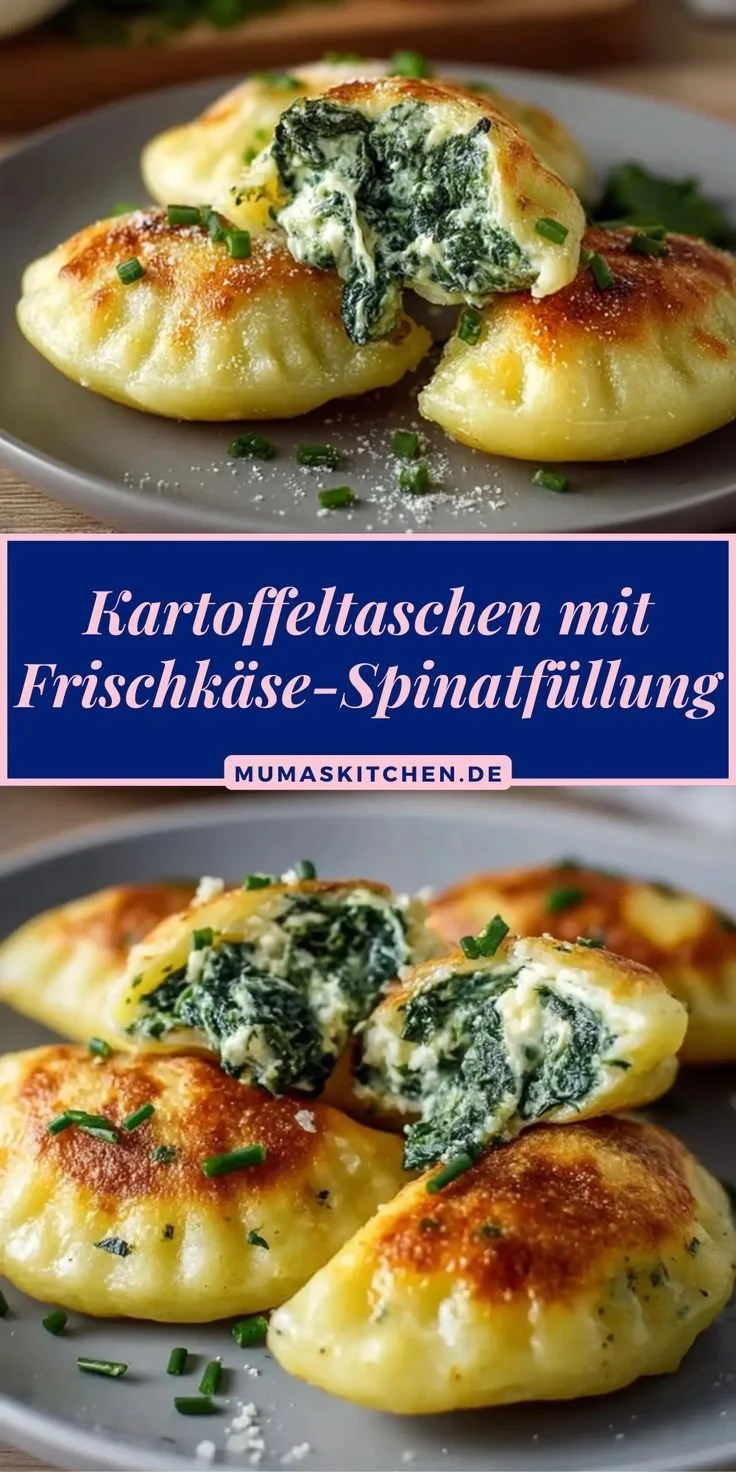 Vegetarische Kartoffeltaschen mit Frischkäsefüllung auf einem Teller serviert