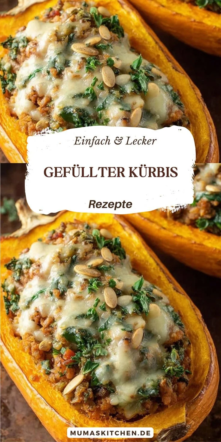 Vegetarischer gefüllter Kürbis aus dem Ofen, perfekt für Gäste und festliche Anlässe.