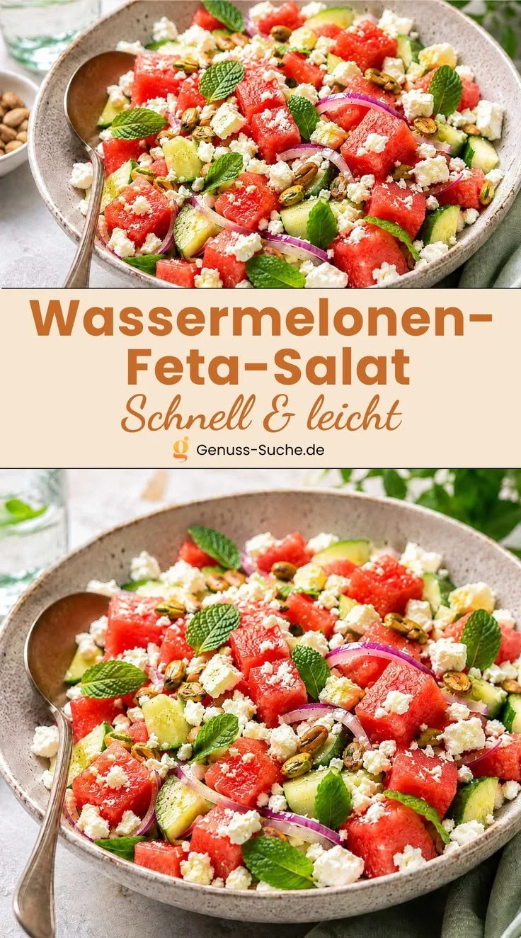 Frischer Wassermelonen-Feta-Salat mit aromatischen Kräutern und Feta-Käse