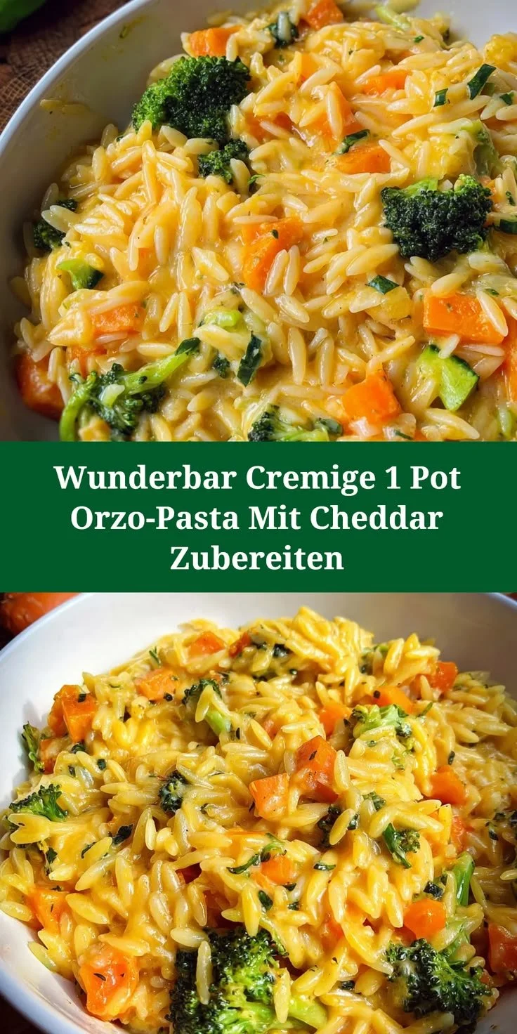 Cremige 1 Pot Orzo-Pasta mit Cheddar in einer Schüssel serviert.