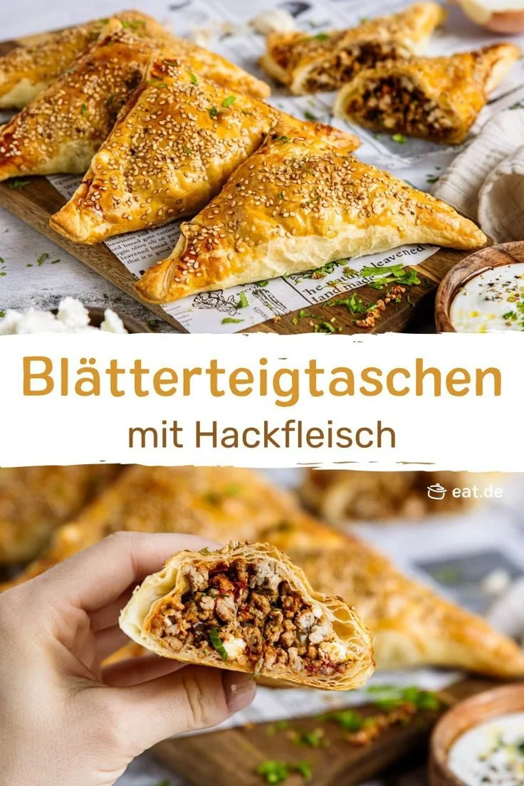 Würzige Blätterteigtaschen mit Hackfleisch auf einem Teller serviert