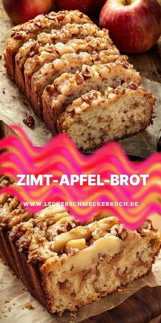 Leckeres Zimt-Apfel-Brot mit frischen Äpfeln und Zimt, serviert auf einem Holzbrett.