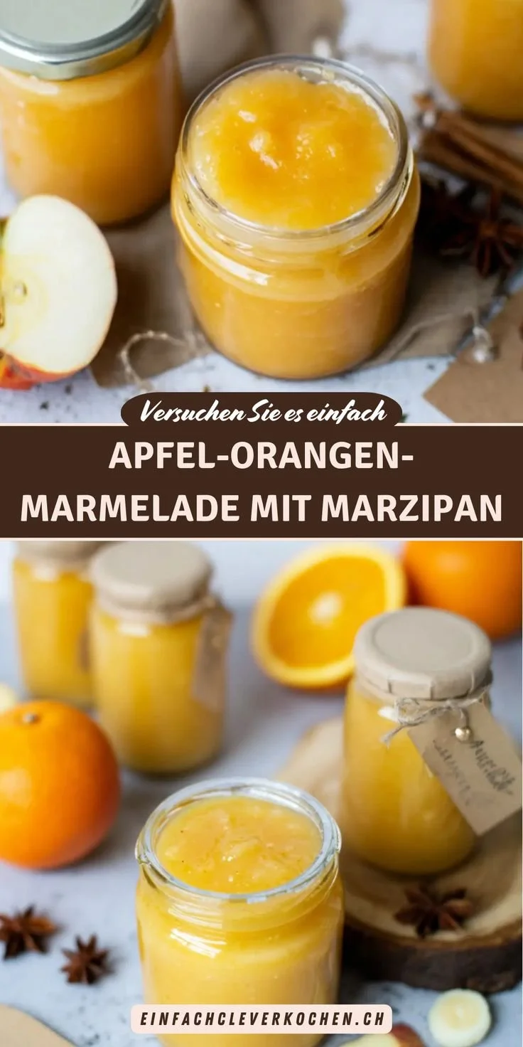Hausgemachte Apfel-Orangen-Marmelade mit Marzipan in einem Glas