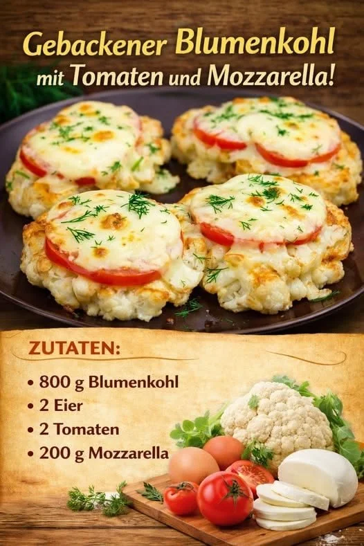 Gericht aus Blumenkohl, Tomaten und Mozzarella frisch aus dem Ofen