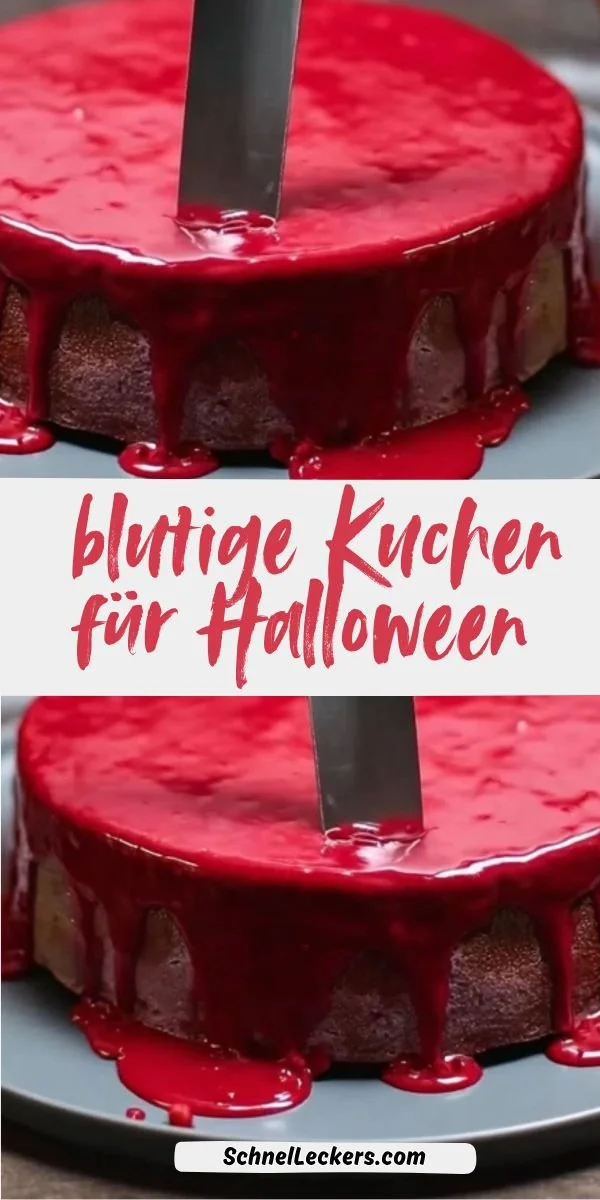 Blutiger Kuchen für Halloween, dekoriert mit schaurigen Zutaten.