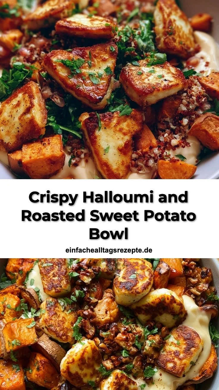 Crispy Halloumi und geröstete Süßkartoffeln in einer Bowl auf einem Tisch